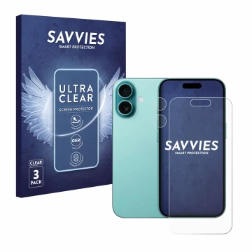 Front side of a product packaging with the brand logo Savvies. Next to it is the device Apple iPhone 16 (Front+Camera) shown w