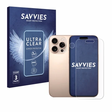 Front side of a product packaging with the brand logo Savvies. Next to it is the device Apple iPhone 16 Pro (Front+Camera) sho