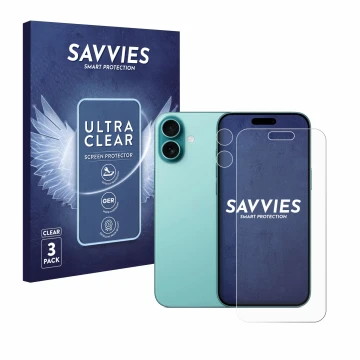 Front side of a product packaging with the brand logo Savvies. Next to it is the device Apple iPhone 16 Plus (Front+Camera) sh