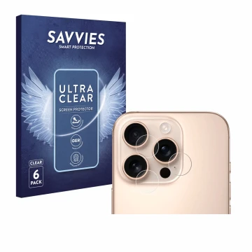 Front side of a product packaging with the brand logo Savvies. Next to it is the device Apple iPhone 16 Pro Max (ONLY Camera L