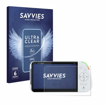 Front side of a product packaging with the brand logo Savvies. Next to it is the device Babysense MaxView-2CAM 5,5