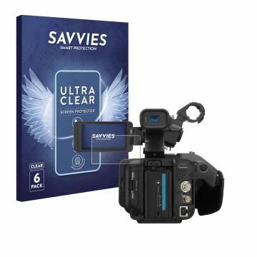 Front side of a product packaging with the brand logo Savvies. Next to it is the device Sony PXW-Z200 shown with the correspon