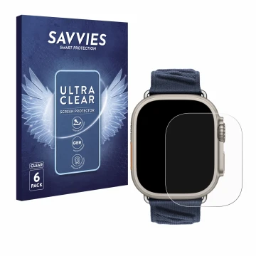 Front side of a product packaging with the brand logo Savvies. Next to it is the device Apple Watch Hermès Ultra 2 shown with 