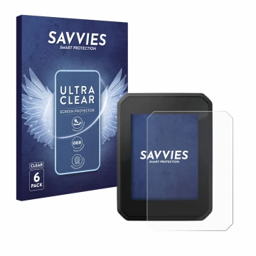 Front side of a product packaging with the brand logo Savvies. Next to it is the device FIT Display Compact 2.0 shown with the