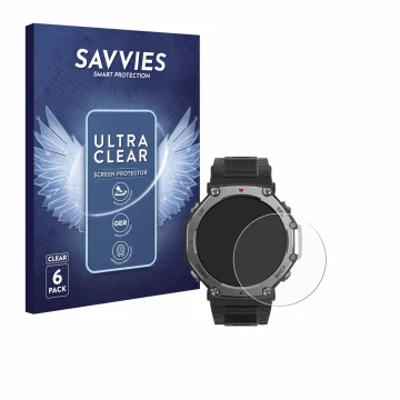 Front side of a product packaging with the brand logo Savvies. Next to it is the device Huami Amazfit T-Rex 3 shown with the c