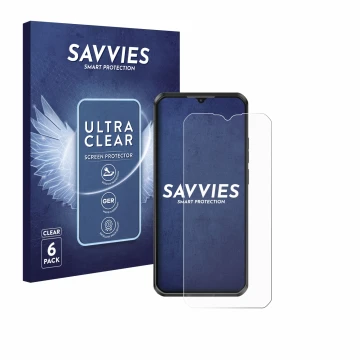 Front side of a product packaging with the brand logo Savvies. Next to it is the device Oukitel WP50 shown with the correspond