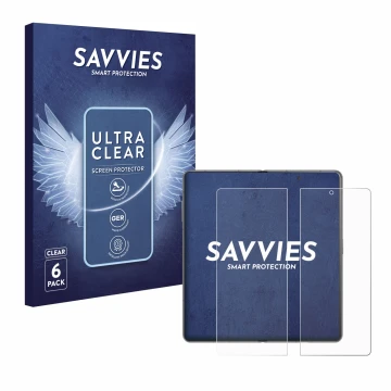 Front side of a product packaging with the brand logo Savvies. Next to it is the device Honor Magic V3 (inneres Display) shown