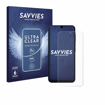 Front side of a product packaging with the brand logo Savvies. Next to it is the device Samsung Galaxy A16 5G shown with the c