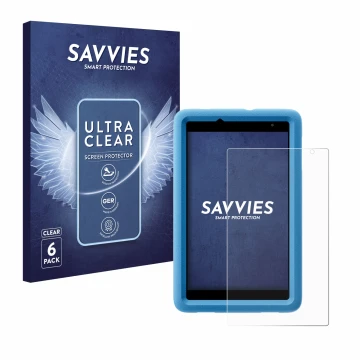 Front side of a product packaging with the brand logo Savvies. Next to it is the device Blackview Tab A5 Kids shown with the c