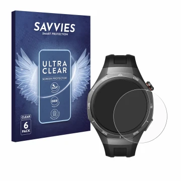 Front side of a product packaging with the brand logo Savvies. Next to it is the device Huawei Watch GT 5 Pro (46 mm) shown wi