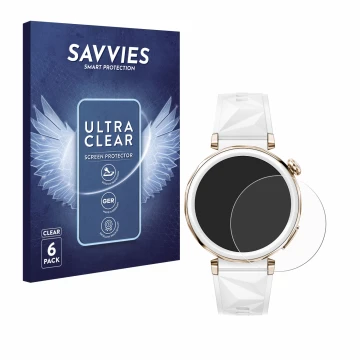 Front side of a product packaging with the brand logo Savvies. Next to it is the device Huawei Watch GT 5 Pro (42 mm) shown wi