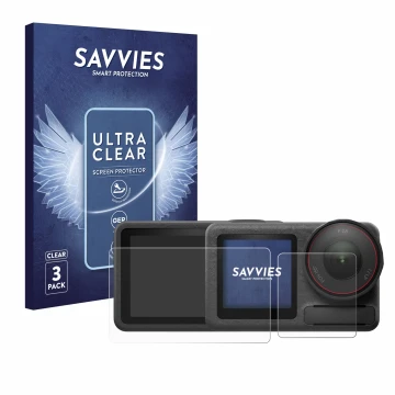 Front side of a product packaging with the brand logo Savvies. Next to it is the device DJI Osmo Action 5 Pro shown with the c