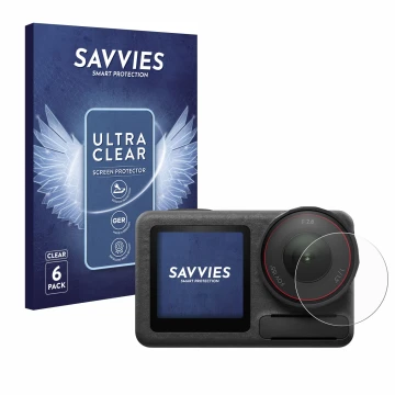 Front side of a product packaging with the brand logo Savvies. Next to it is the device DJI Osmo Action 5 Pro (Lens) shown wit