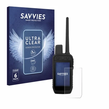 Front side of a product packaging with the brand logo Savvies. Next to it is the device Garmin Alpha 300 K shown with the corr