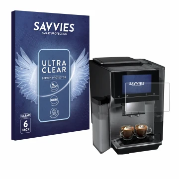 Front side of a product packaging with the brand logo Savvies. Next to it is the device Siemens EQ700 shown with the correspon