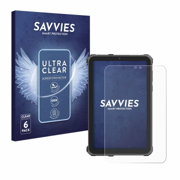 Front side of a product packaging with the brand logo Savvies. Next to it is the device Oukitel RT3 Pro shown with the corresp