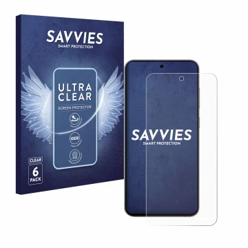 Front side of a product packaging with the brand logo Savvies. Next to it is the device Samsung Galaxy S24 FE shown with the c