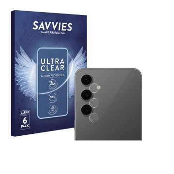 Front side of a product packaging with the brand logo Savvies. Next to it is the device Samsung Galaxy S24 FE (ONLY Camera Len