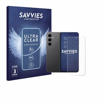 Front side of a product packaging with the brand logo Savvies. Next to it is the device Samsung Galaxy S24 FE (Front+Camera) s