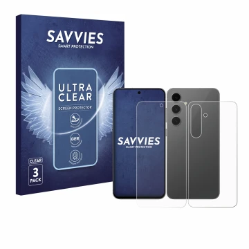 Front side of a product packaging with the brand logo Savvies. Next to it is the device Samsung Galaxy S24 FE (Front+Back) sho