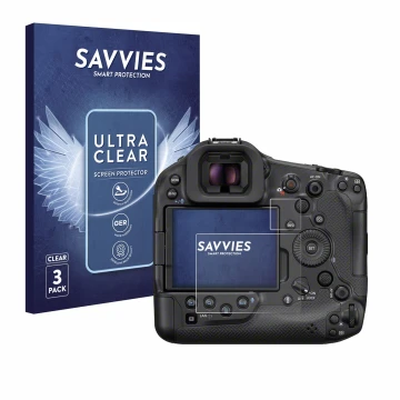 Front side of a product packaging with the brand logo Savvies. Next to it is the device Canon EOS R1 shown with the correspond