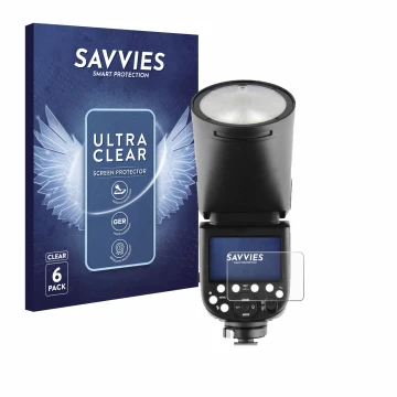 Front side of a product packaging with the brand logo Savvies. Next to it is the device Godox TT685 II shown with the correspo