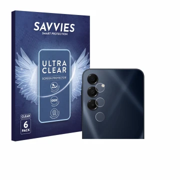 Front side of a product packaging with the brand logo Savvies. Next to it is the device Samsung Galaxy A16 5G (ONLY Camera Len