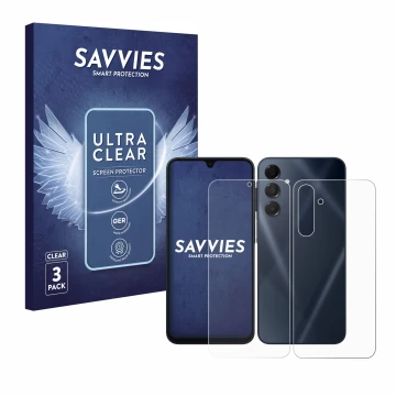 Front side of a product packaging with the brand logo Savvies. Next to it is the device Samsung Galaxy A16 5G (Front+Back) sho