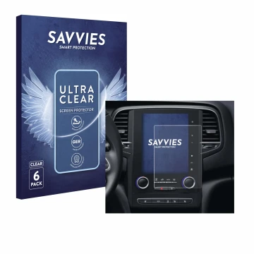 Front side of a product packaging with the brand logo Savvies. Next to it is the device Renault Scenic IV RLINK-2 2018 shown w