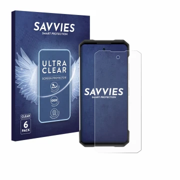Front side of a product packaging with the brand logo Savvies. Next to it is the device Doogee S200 shown with the correspondi