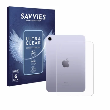 Front side of a product packaging with the brand logo Savvies. Next to it is the device Apple iPad Mini 7 WiFi 2024 (Back) sho