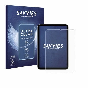 Front side of a product packaging with the brand logo Savvies. Next to it is the device Apple iPad Mini 7 2024 shown with the 