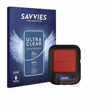 Front side of a product packaging with the brand logo Savvies. Next to it is the device Garmin inReach Messenger Plus shown wi