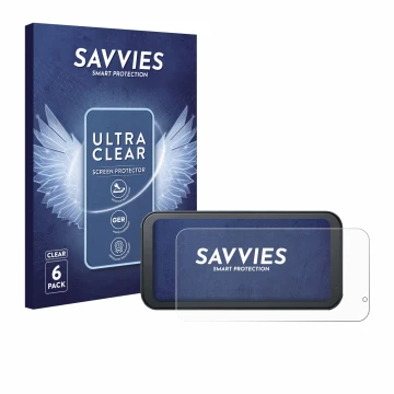 Front side of a product packaging with the brand logo Savvies. Next to it is the device Lamto Motorrad Carplay 6.25