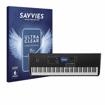 Front side of a product packaging with the brand logo Savvies. Next to it is the device Yamaha MODX8+ shown with the correspon