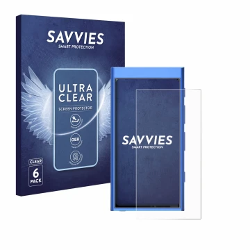 Front side of a product packaging with the brand logo Savvies. Next to it is the device Hiby Digital M300 shown with the corre