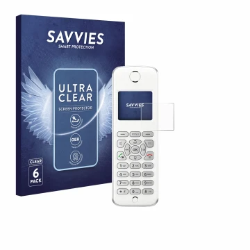 Front side of a product packaging with the brand logo Savvies. Next to it is the device AVM Fritz!Fon M2 shown with the corres