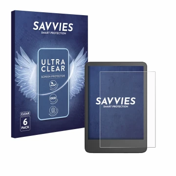 Front side of a product packaging with the brand logo Savvies. Next to it is the device Amazon Kindle 2024 shown with the corr