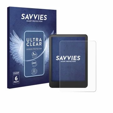 Front side of a product packaging with the brand logo Savvies. Next to it is the device Amazon Kindle Colorsoft Signature Edit