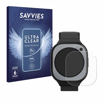 Front side of a product packaging with the brand logo Savvies. Next to it is the device Xplora X6Pro shown with the correspond