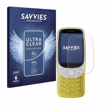 Front side of a product packaging with the brand logo Savvies. Next to it is the device Nokia 3210 shown with the correspondin