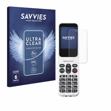 Front side of a product packaging with the brand logo Savvies. Next to it is the device Doro Leva L20 shown with the correspon