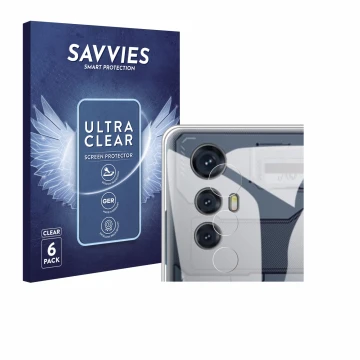 Front side of a product packaging with the brand logo Savvies. Next to it is the device Cubot Max 5 (ONLY Camera) shown with t