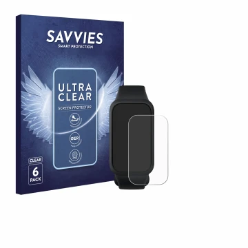 Front side of a product packaging with the brand logo Savvies. Next to it is the device Xiaomi Smart Band 9 Active shown with 