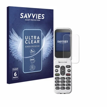 Front side of a product packaging with the brand logo Savvies. Next to it is the device Doro 2820 shown with the corresponding