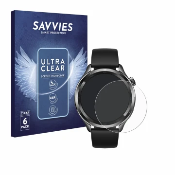 Front side of a product packaging with the brand logo Savvies. Next to it is the device Xiaomi Watch S4 (47 mm) shown with the