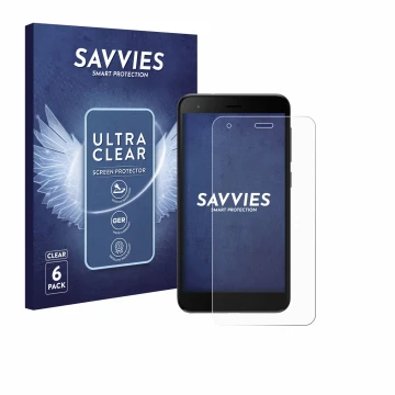 Front side of a product packaging with the brand logo Savvies. Next to it is the device ZTE Blade A35 lite shown with the corr