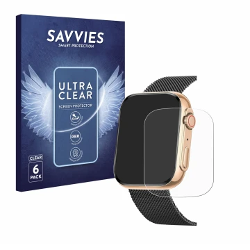 Front side of a product packaging with the brand logo Savvies. Next to it is the device Powerwill Smartwatch 1.91