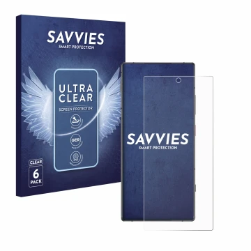 Front side of a product packaging with the brand logo Savvies. Next to it is the device Nubia Z70 Ultra shown with the corresp