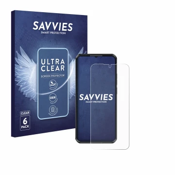 Front side of a product packaging with the brand logo Savvies. Next to it is the device Oukitel WP52 shown with the correspond